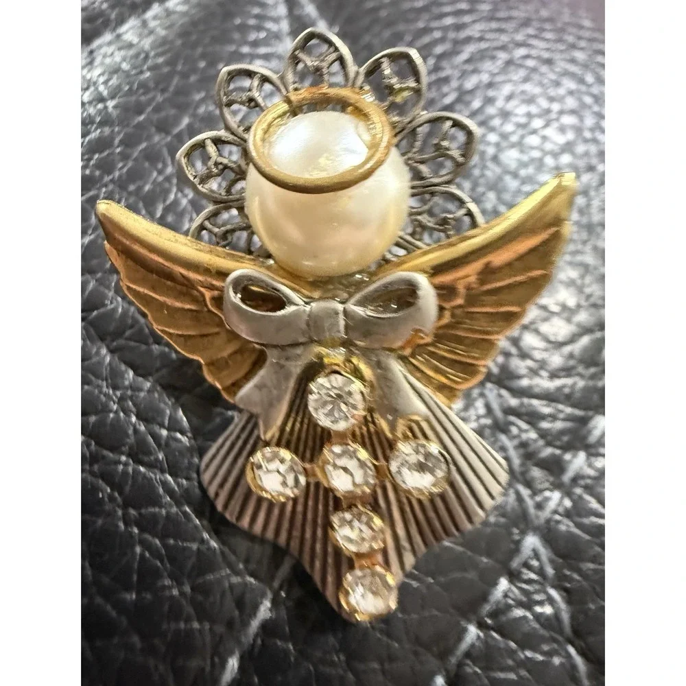 Vintage Brooch Pin Angel Gold Silver Tone with Cross Ten Thousand Angels